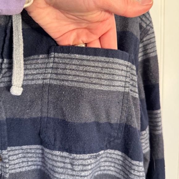 VSTR Men's Navy and Gray Striped Hooded Button Up Sweater 100% Cotton Size XL - Picture 4 of 11